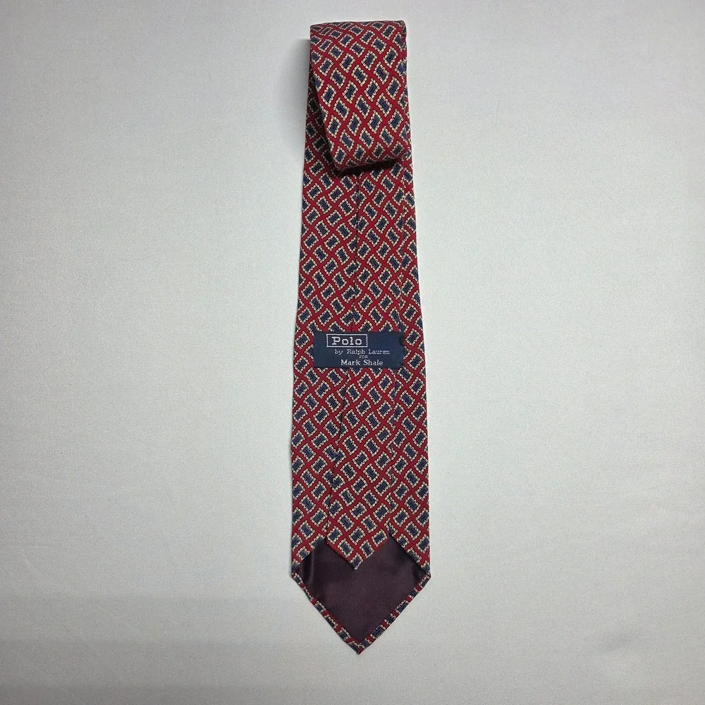 Polo Ralph Lauren Mark Shale Silk Tie Mens Vintage Red Blue Geometric USA Made